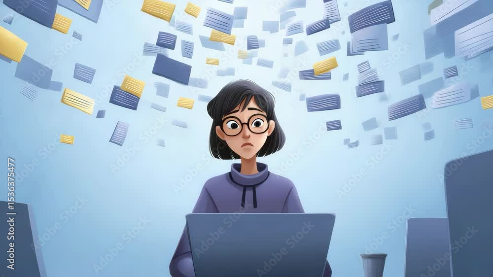 Poster person engaged with a laptop, surrounded by floating messages and notes.