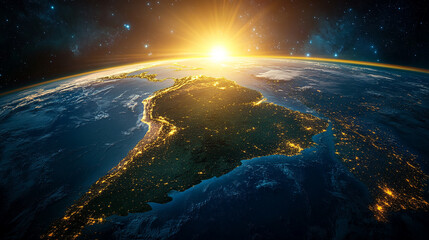 South America viewed from space at sunrise, with glowing city lights and vast green forests. Sunrise highlights continent features, showcasing natural beauty and human presence on a global scale.

