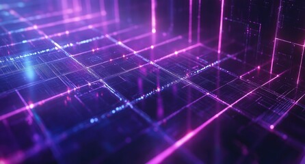 A neon grid background with dark purple and blue tones, creating an atmosphere reminiscent of the retro-futuristic style popular in 1980s video games and science fiction film aesthetics.