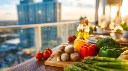 Vibrant assortment of fresh vegetables on a wooden cutting board with a city skyline at sunset