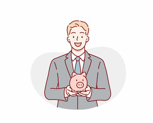 Smart Office Worker Holding a Piggy Bank. Hand drawn style vector design illustrations.