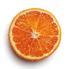 A vibrant, juicy cross-section of a bright orange citrus fruit, glistening with moisture against a stark white background