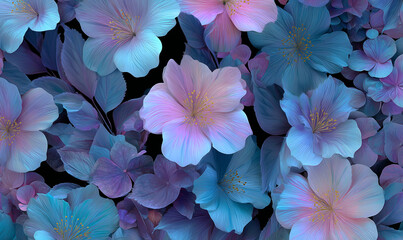 Close up of pastel colored flowers with petals and leaves in an artistic arrangement
