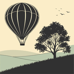 Silhouette vector of a hot air balloon floating in the sky, perfect for travel concepts, adventure graphics, freedom themes, tourism posters, and flight illustrations.