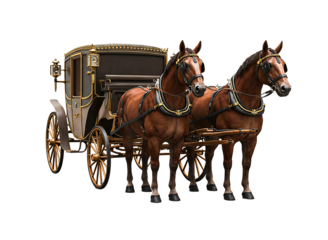 Elegant gold and maroon horse drawn carriage isolated on transparent background