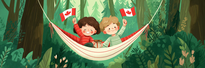 Flat illustration of children sharing hammock and waving maple banner