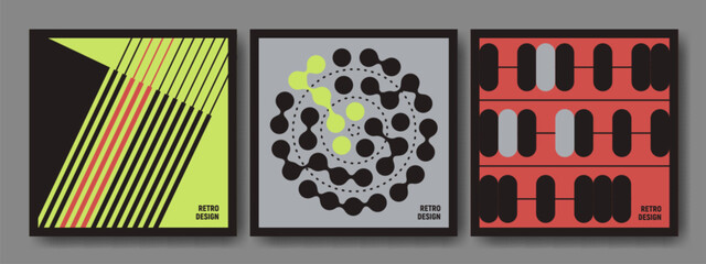 Retro brutalist design poster collection with bold geometric patterns, abstract shapes and diagonal lines. Minimalist graphic compositions for contemporary wall art, modernist prints, branding element