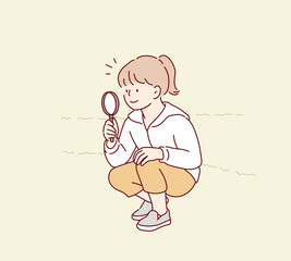 Curious Child Exploring Nature with Magnifying Glass. Hand drawn style vector design illustrations.
