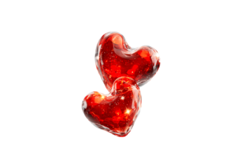 Two red glass hearts floating on black background romantic love,On Transparent Background, Isolated on white