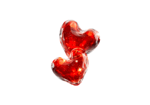 Two red glass hearts floating on black background romantic love,On Transparent Background, Isolated on white