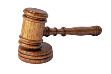 High-resolution walnut wood gavel isolated on transparent background in PNG format, perfect cutout for legal-themed presentations, courtroom illustrations, and professional graphic design projects