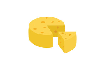Simple Flat Vector Illustration Showing Yellow Cheese Wheel With Cut Slices on White Background