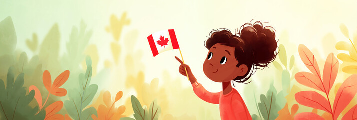 South Asian child waves Canada flag against pastel sky background