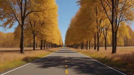 Long straight road disappearing into the horizon, flanked by slender tall trees in full autumn bloom, fallen leaves forming a natural carpet along the road edges.