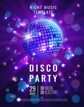 Disco ball. Party background. Dance poster design. Night music template. Discotheque vintage invitation. Neon light star. Retro blue card. Sparkling mirror sphere. Nightclub DJ event vector art banner