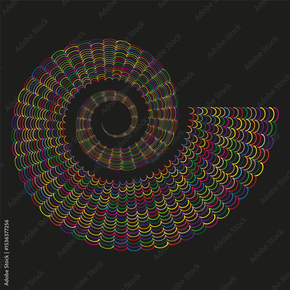 Poster dark spiral icon. nautilus shell vector. gradient swirl shape. black background form.