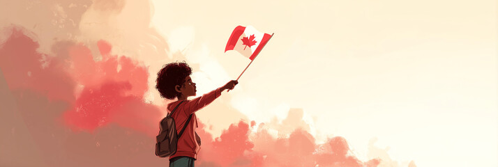 Medium-shot of Black Canadian youth holding maple flag in serene portrait