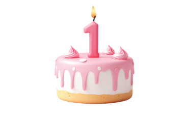  Cute pink birthday cake with a number one candle, isolated on a white background. Vector illustration. Happy first-year anniversary concept )