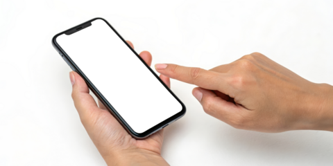 User interacts with a modern smartphone touchscreen while holding it in one hand