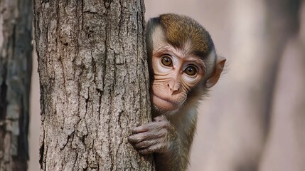 Curious monkey clinging to a tree trunk