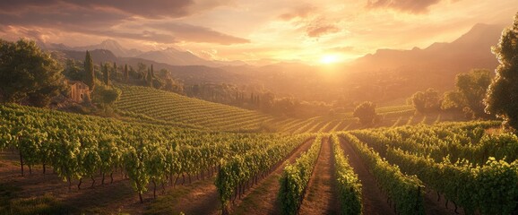 Fototapeta premium A panoramic view of vineyards, with warm colors and golden hour lighting. Sun rays filter through the clouds, illuminating the rows of lush, green plants.