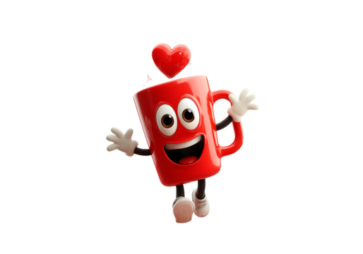 Happy red mug cartoon character with heart,On Transparent Background, Isolated on white