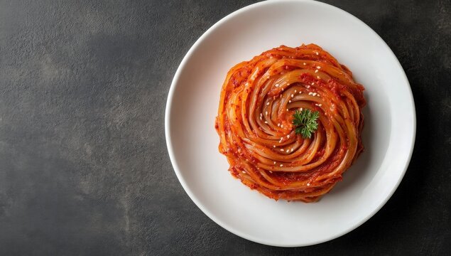 Exquisite Pasta Presentation: An artfully arranged plate of vibrant, spiral-shaped pasta, perfectly capturing the essence of culinary elegance. 