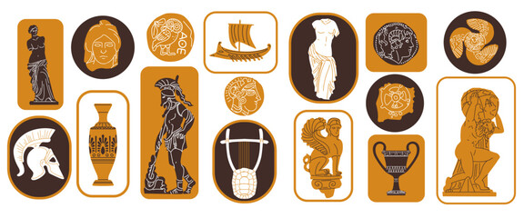 Greek vase. Vintage hand-drawn column. Ancient sun icon. Antique coin face. Retro summer frame. Abstract logo art. Classic sticker. Roman warrior. Mediterranean decorative graphic. Vector stamps set