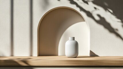 Elegant, light-filled display with a minimalist vase.