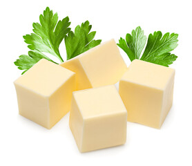 Pieces of butter isolated on white background. clipping path