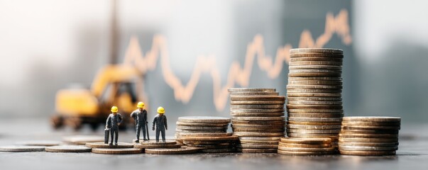 Miniature workers stand before ascending stacks of coins against a blurred background featuring a fluctuating graph and construction equipment
