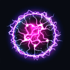 Ball lightning energy. Electric circle. Effect burst magic power. Sphere light. Explosion core with neon spark. Purple glow flash. Abstract thunder bolt. Illuminated plasma blast. Vector shine element