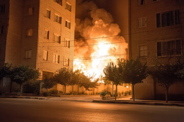 Fototapeta premium rocket has struck residential area in isfahan at night creating dramatic contrasts of light and shadows