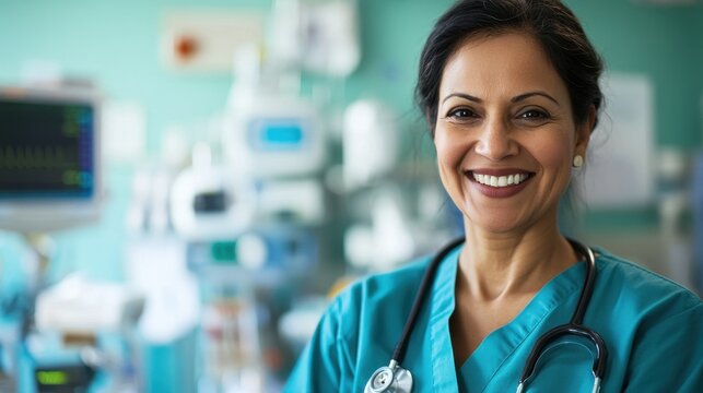 A cheerful middle-aged South Asian female doctor smiles confidently in a clinical setting, showcasing dedication and professionalism in healthcare.