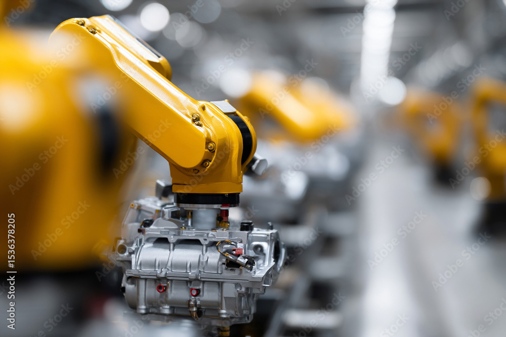 Poster robotic arms assembling hybrid car engines in factory, advanced technology, precision, industrial au
