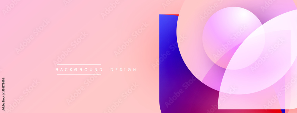 Poster Abstract pink background features overlapping circles, squares. Gradient colors create modern visual effect. Text reads background design.
