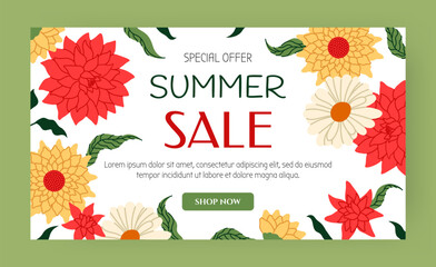 Summer sale background. Web banner with chrysanthemum flowers. Spring banner discount design. Floral decorative frame. Colorful wildflower bouquet. Vector cartoon flat style isolated illustration