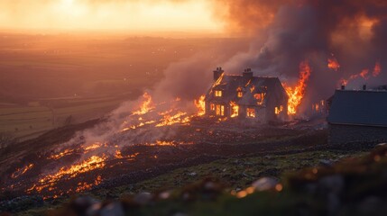 Fototapeta premium Burning house on a hill at sunset