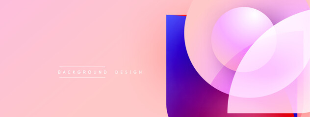 Abstract pink background features overlapping circles, squares. Gradient colors create modern visual effect. Text reads background design.