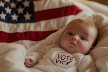 A photo of a "VOTE" pinback button with the American flag in the background. On top is an American flag