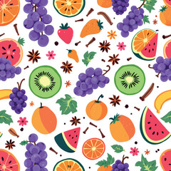 Vsai seamless pattern featuring vibrant fruits, spices, and flowers creating a lively and refreshing design