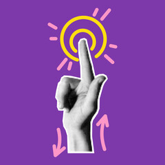 Pop art hand. Pointing finger. Direction icon. Halftone newspaper texture. Raised forefinger. Pointer arrow. Dotted newsprint. Grunge collage graphic. Aim target show. Human arm. Vector growth concept