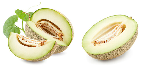 sliced melon with green leaves isolated on white background. fresh melon. clipping path