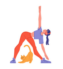 Leisure character. Woman doing exercises at home. Sport training. Girl with headphones. Indoor fitness workout. Yoga pose. Active healthy lifestyle. Aerobic bends. Pet cat stretching. Vector concept