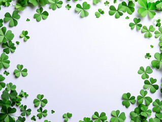 A top-down view of a white background framed by various shades of green four-leaf and three-leaf clovers, made from paper.