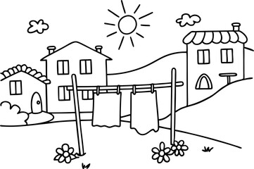 Naklejka premium Sunny rural landscape with two towels hanging on a clothesline between quaint houses and blooming flowers