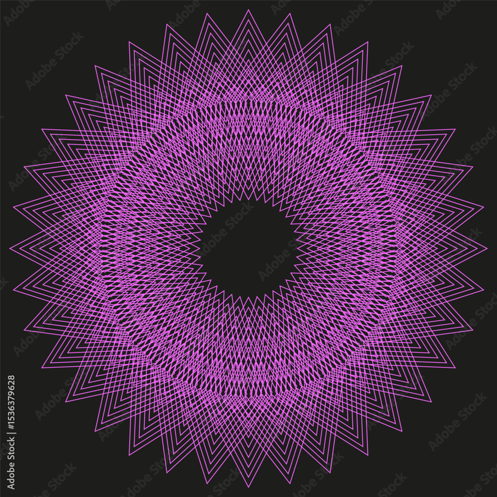 Poster purple radial pattern. spiky symmetry shape. abstract vector illusion. dark center form.