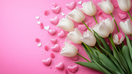 A bouquet of white tulips with a pink heart as a backdrop, arranged to look like they are embracing each other.