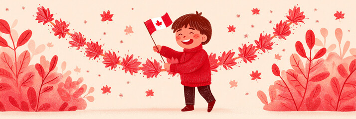 Flat art close-up of Indigenous toddler with joyful smile and Canada flag