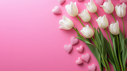 A bouquet of white tulips with a pink heart as a backdrop, arranged to look like they are embracing each other.